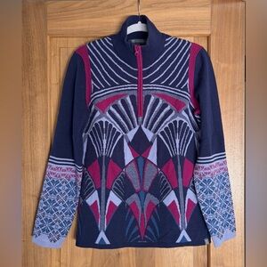 EUC TITLE NINE 1/4 Zip Mid Weight Merino Graphic Sweater L Navy Multi Worn 1x!